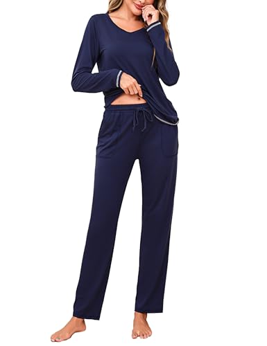 Litherday Schlafanzug Damen Baumwolle Lang Pyjamas Set Nachtwäsche Set Zweiteiliger Sleepwear und Pyjamahose Hausanzug Freizeitanzug Dunkelblau S