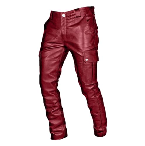 FULBHPRINT Men’S Retro PU Leather Pants Streetwear Punk Style Multi Pocket Casual Faux Leather Trousers
