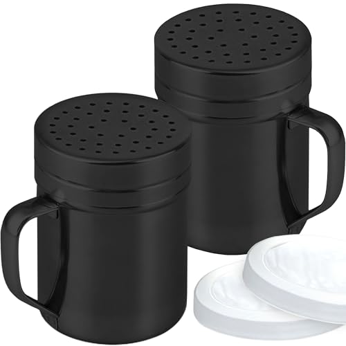 Image of CUSINIUM 10oz Black Stainless Steel Salt Pepper Dredge Shakers - With Plastic Cap - With Handle - Pack of 2