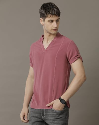 Image of Identiti MenSlim Fit Half Sleeve Solid Smart V Placket Casual Shirts