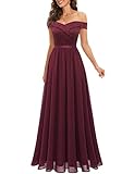Bbonlinedress Off Shoulder Lace Chiffon Burgundy Bridesmaid Dress Maxi Evening Gown Formal Dress for Women Wedding Guest 2023 Wedding Prom Party Burgundy M