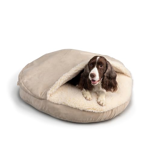 Snoozer Luxury Cozy Cave Dog Bed - Indoor Dog Bed with Cover Cave, Covered Calming Burrow for Small & Medium Sized Pets with Blanket Attached, Enclosed, Washable - Large, Buckskin