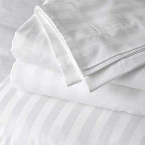 Image of Cott Linen Flat Bed Sheet with 1 Pillow Covers 600 Thread Count 100% Egyptian Cotton Bedsheet Single Size White Stripe Sheet