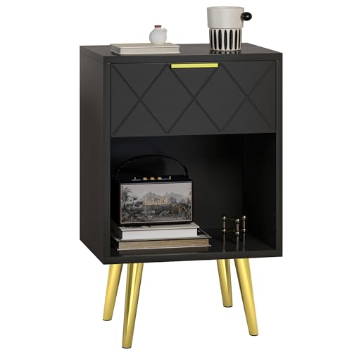 Black Nightstand, Bedside Table with Storage Drawer and Open Wood Shelf, Side Table with Gold Legs,...