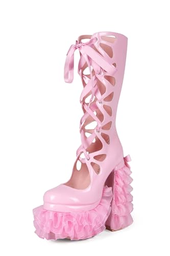 Kawaii Sweet Lolita Chunky Platform Knee High Heeled Boots, Cosplay Anime Patent Bow Ribbon Satin Lace Butterfly, Y2K Gothic Hot Cute Lovely Girl Big Large Size Shoes For Women Men - Main Image