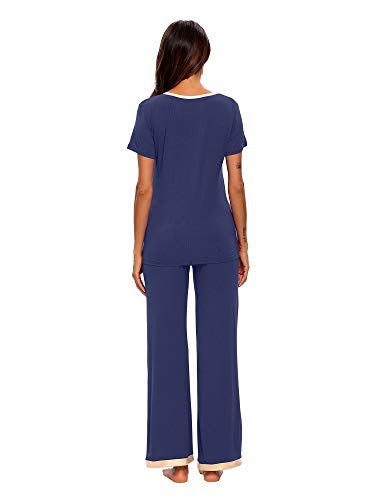 Tiktik Womens Bamboo V-Neck Pajama Set Comfy Sleepwear Short Sleeve Top With Pants Pjs Petite Plus Size S-4Xl, Navy, 2X-Large #TOP3