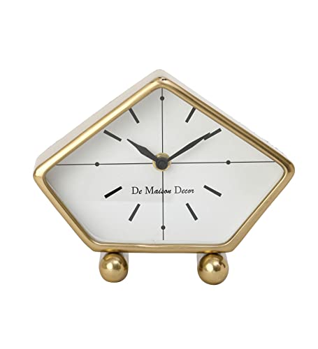 Image of Decor de Maison Handcrafted Marbellic Table Clock for Kids Room, Bedroom, Study Table, Office Desk, Classic Non-Ticking Tabletop Battery Operated Analog Desk Clock, Gold, Penta Time Clock