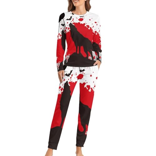 Pyjama femme confort absolu Loup Blanc Rouge : t-shirt manches longues et pantalon homewear