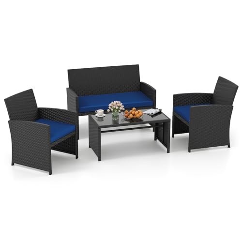 Image of Tangkula 4 Pieces Patio Wicker Furniture Set, Outdoor Heavy Duty Rattan Cushioned Chairs, Loveseat and Tempered Glass Coffee Table, for Backyard, Balcony, Poolside