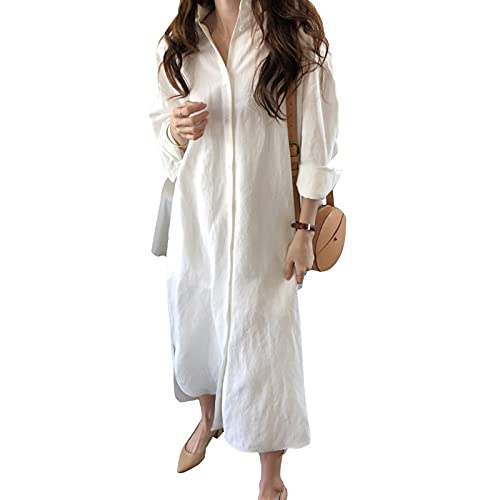 Ehoomely Women Cotton Linen Shirt Dress Casual Loose Maxi Dresses Chic Button Down Roll Up Sleeve Long Cotton Blouse Dress White