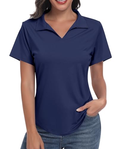 JoyGirl Damen Poloshirt Kurzarm Polohemd UPF 50+ V-Ausschnitt Sport T-Shirt Leicht Atmungsaktiv Sommer Shirt für Golf Tennis (Marine S)
