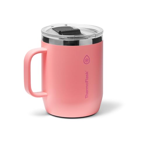 Image of ThermoFlask Drinkware 12 oz Coffee Mug - Double-Wall Insulated for Hot & Cold Drinks - Lightweight & Simple with Innovative Press In Slider Lid - Modern & Durable - Sunkissed Coral