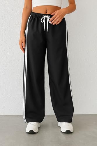 Image of SAKHWALA Women Track Pant | Women's Wide Leg Track Pants High Waist Drawstring Sweatpants with Side Stripes, Casual Loose Fit Lounge Joggers, Dark Grey