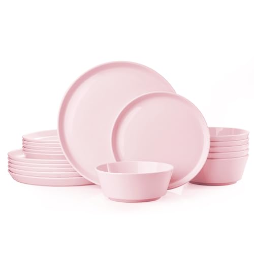 Image of KINGSTONE 18-Piece Bone China Dinnerware Sets, Blush Pink | Lightweight Plates & Bowls Set | Straight Rim Bowl Dinner Set | Scratch Resistant | Microwave & Dishwasher Safe | Serves 6