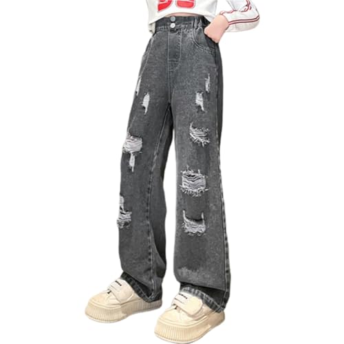 Girls Jeans Elastic Waist Wide Leg Pants Kids Jeans Y2K Streetwear Joggers Hip Hop Pants (B4-Grey, 11-12 Years)