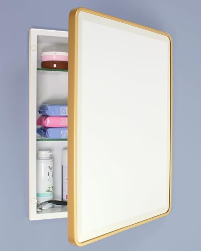 Image of 16x20 Austin Farmhouse Metal Framed Rounded Rectangle Recessed Bathroom Medicine Cabinet, Beveled Mirror, 14x18 in-Wall Opening, powder-coated Steel, Adjustable Glass Shelves, Magnet Close, Gold