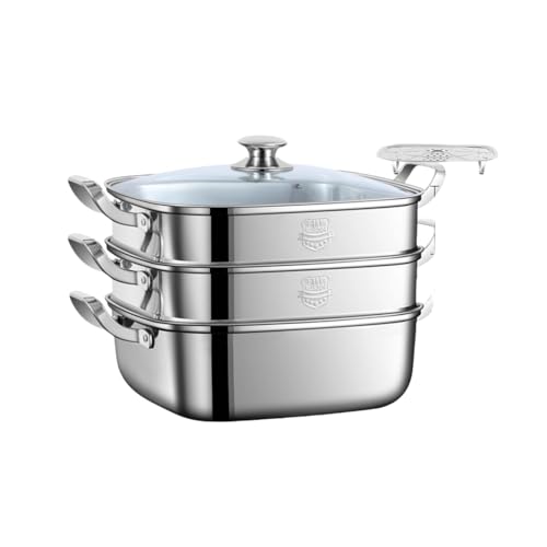 Suzapiw蒸し器、316ステンレス鋼蒸し器、スクエア蒸し器、家庭用、316ステンレス鋼、厚手の二重層三層蒸し器引き出し、多機能、ガス誘導調理器ユニバーサル (3層,グレー)