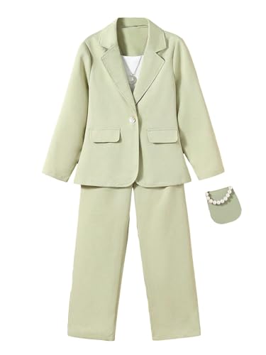 Image of Milumia Girl's Two Piece Outfit Button Open Front Blazer and Pants Set Green 10 Years