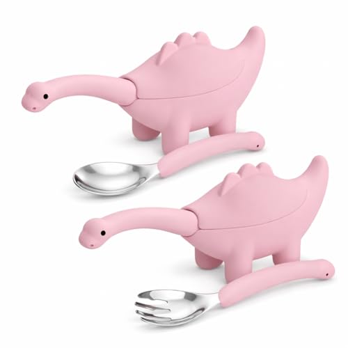 Image of Baby Spoon and Fork Set, Purple Silicone Toddler Cutlery Set with Dinosaur Case, 2 Pc, Self Feeding Utensils for Baby Meals School and Travel, Mealtime Essential