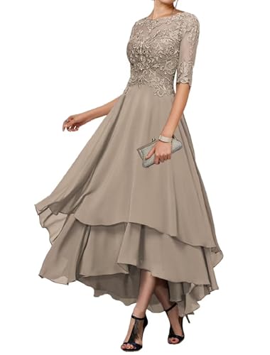 Tea Length Mother of The Groom Dresses for Wedding 1/2 Sleeves Applique Lace Formal Evening Gowns for Women4