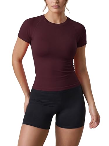 AUROLA Influence Seamless Workout T Shirt for Women Short Sleeve Slim Fit Basic Tee Yoga Gym Going Out Crop Top (Black Cherry Medium)