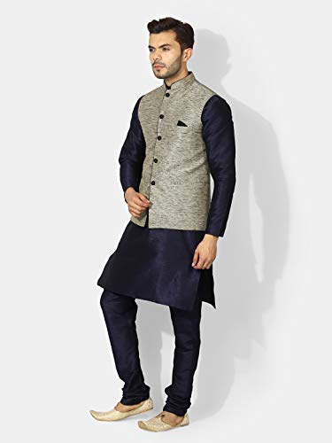 Image of UnM Men's Art Silk Uri and MacKenzie Navy Blue Kurta Pyjama with Grey Jacket (42)