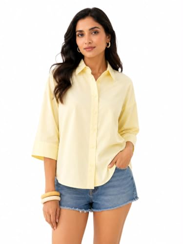 Image of Women's Butter Yellow Cotton Poplin Shirt | Quarter Sleeves | Relaxed Fit | Crispy Cotton Fabric | Button Down Collar | Casual Shirt | Classic Solid Colour |