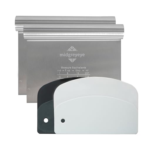 Midgreyeye Rasqueta De Masa 2 PCS de Plástico y 2 PC de Acero Inoxidable, Rasqueta Panadero, Cortador De Masa, rasqueta cocina Para Tartas, Tartas, Pizza (15 * 12.5+13.5 * 9.1cm)