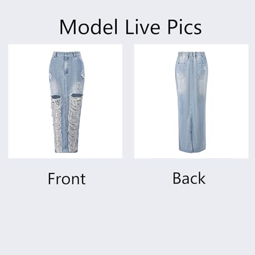 Denim Skirt with Slit Women Summer Casual Rip Elastic High Waisted Jean Skirt with Pockets Rave Wear3