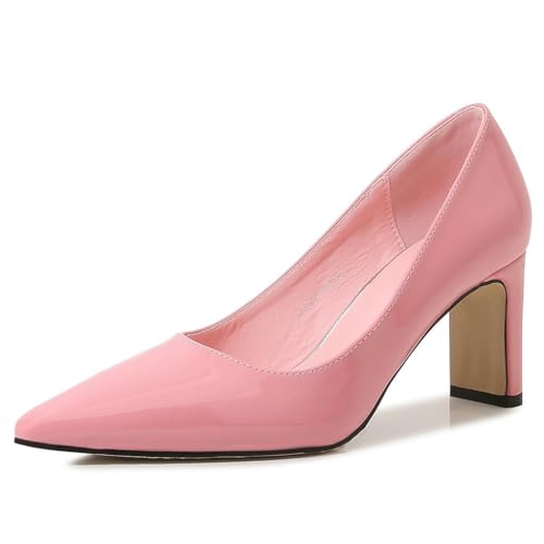 DINTAHA Patent Leather Pointed Toe Pumps for Women, Chunky Heels Closed Toe Wedding Work Dress Pumps