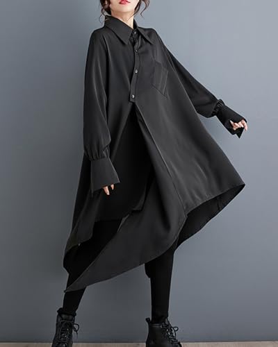 ellazhu Women's Oversized Solid Color Long Sleeve Back Slit Flowy Irregular Hem Shirt GZ1502