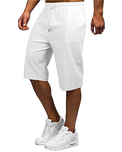 YAOBAOLE Bermuda Long Homme Short Homme Ete Pantacourt en Lin Shor Taille Elastique Blanc XXL