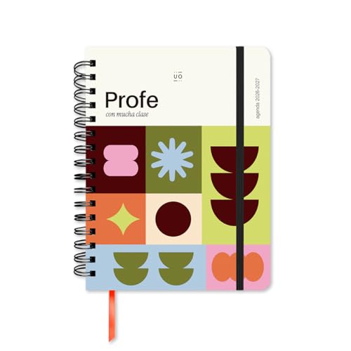 UO Agenda Escolar Profe con mucha clase Semana Vista: de septiembre de 2026 hasta Agosto de 2027, Tapa Dura, Incluye 134 Stickers, Goma elástica, Marcador de regla y Cinta de Registro, Multicolor