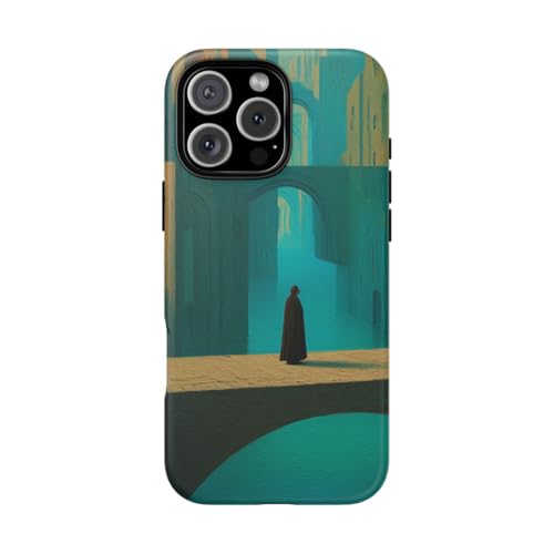 Coque iPhone 16 Pro Max bleu sarcelle paysage urbain rigide mate