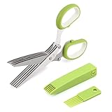 Herb scissors, Multipurpose Cutting Shears with 5 Blade Kitchen Salad Scissors, Safety Cover and Cleaning Comb for Chopping Cilantro Onion Basil Chive Parsley, Green