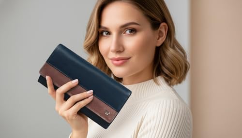 Image of Calfnero Women's Genuine Leather Wallet-Long Purse Wallet with Multiple Card Slots, Zip Pocket and Note Compartment (Blue)