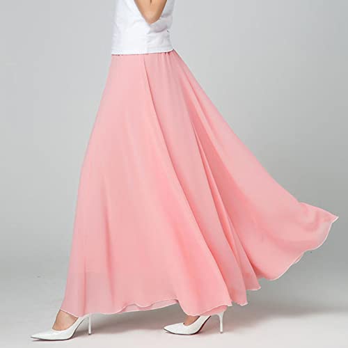 Neue Sommer-Chiffon-Röcke Plus Size Rock in voller Länge Hohe Taille Eleganter Tanzrock Rosa Schwarz Rot Marineblau Weiß Lange Röcke-Rosa,XXXL (70-80kg) Cover