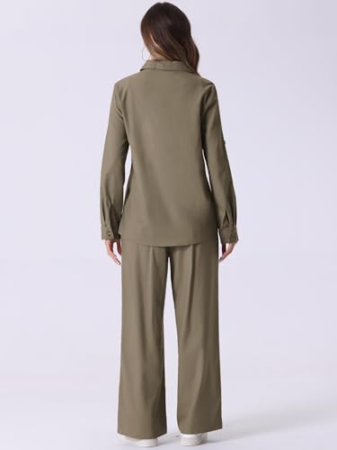 Allegra K Women's 2 Piece Linen Set 2024 Button Down Shirt Drawstring Wide Leg Pants Casual Outfits4