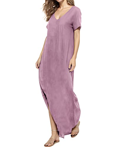 Image of Match Women's V-Neck Casual Loose Short Sleeve Long T-Shirt Dress Split Maxi Dress with Side Pocket