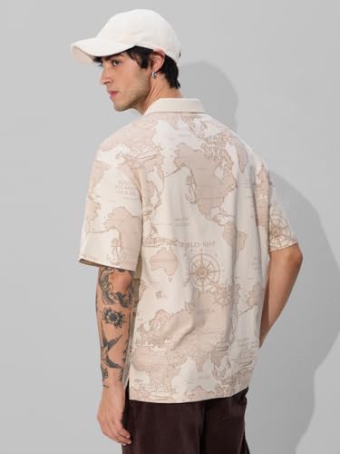 Image of The Souled Store Travel Badges Men and Boys Short Sleeves Collared Neck Beige Applique Patches Cotton Oversized Polos