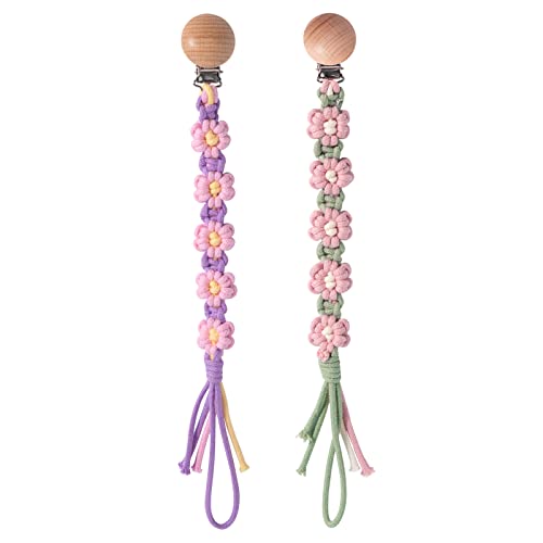 Image of Pacifier Clip for Boys Girls Floral Daisy Macrame Paci Clip Pacifier Holder Leash Boho Wooden Clips Handmade Braided Cotton Unisex Baby Shower Birthday Gift