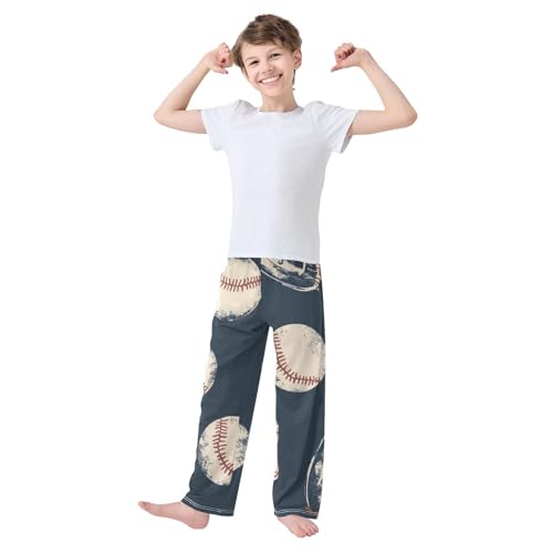 ZZXXB Retro Baseball Print Boys Long Pants Soft Trousers Elastic Waist Kids Lounge Bottoms with Pockets S-XL2