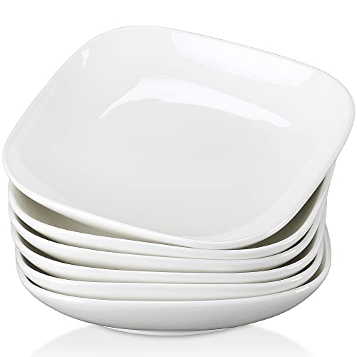 LOVECASA Set di 6 Piatti Fondi Piatti Moderni da 19,5 cm, Set Piatti in porcellana, Servizio di Piatti Quadrati per 6 Persone, Piatti per Zuppa 630 ml, Bianco (19,5 x 3,7 cm)
