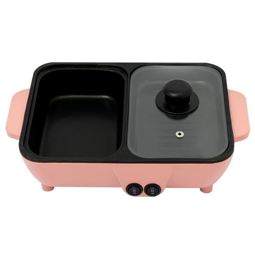 Electric Grill Hot Pot 2 in 1 Indoor Smokeless Hotpot Pot Electric Cooker Electric Hot Pot with Grill with Divider-Separate Dual Temperature Contral Korean BBQ Grill (Pink)