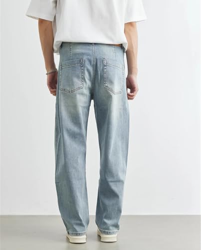 Men's Light Blue Straight Jeans Loose Casual Retro Cropped Denim Pants with Pockets3
