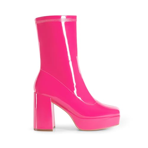 DREAM PAIRS Women's Mid Calf Gogo Boots Platform High Chunky Block Heel Square Toe Ankle Boots,Size 10,HOT PINK-PAT,SDMB2410W