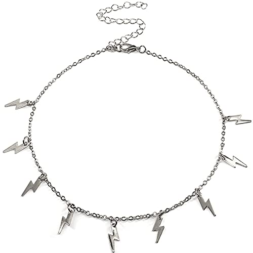caiyao Minimalist Lightning Star Tassel Bolt Layered Pendant Chain Choker Necklace Handmade Adjustable Punk Cool Simple Delicate Clavicle Jewelry for Women Teens-Silver