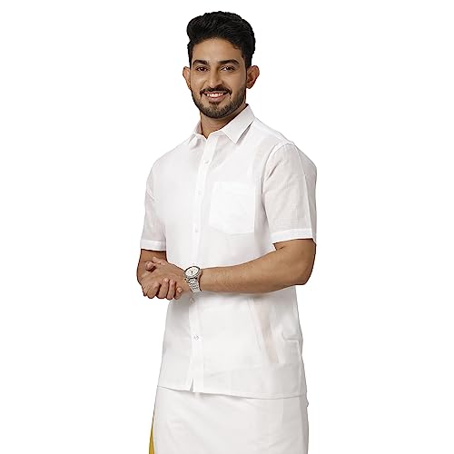 Image of RAMRAJ COTTON Men White Half Sleeve Shirt Crafted For Comfort| Durability| And Timeless Everyday Style