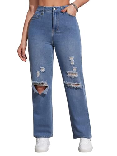 Women's Mid Waist Straight Leg Jeans Ripped Wide Leg Boyfriend Jean Summer Casual Denim Pants
