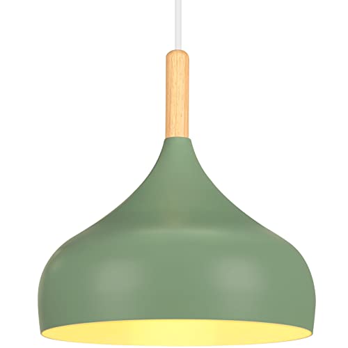 iDEGU Lámpara de Techo Retro LED Lámpara Colgante Moderna en Madera Metal Estilo Escandinavo E27 Iluminación de Techo Vintage Lámpara para Dormitorio Comedor Cocina, 24CM (Verde Oliva)